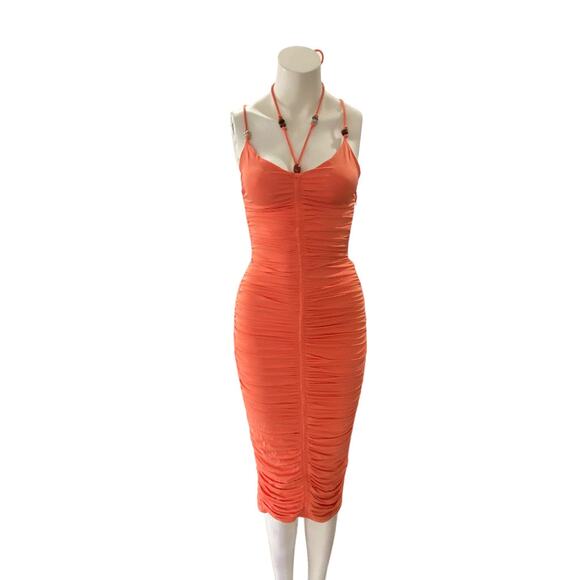 A.L.C. Allegra Ruched Beaded Midi Dress XS Sangria Orange - Picture 3 of 11